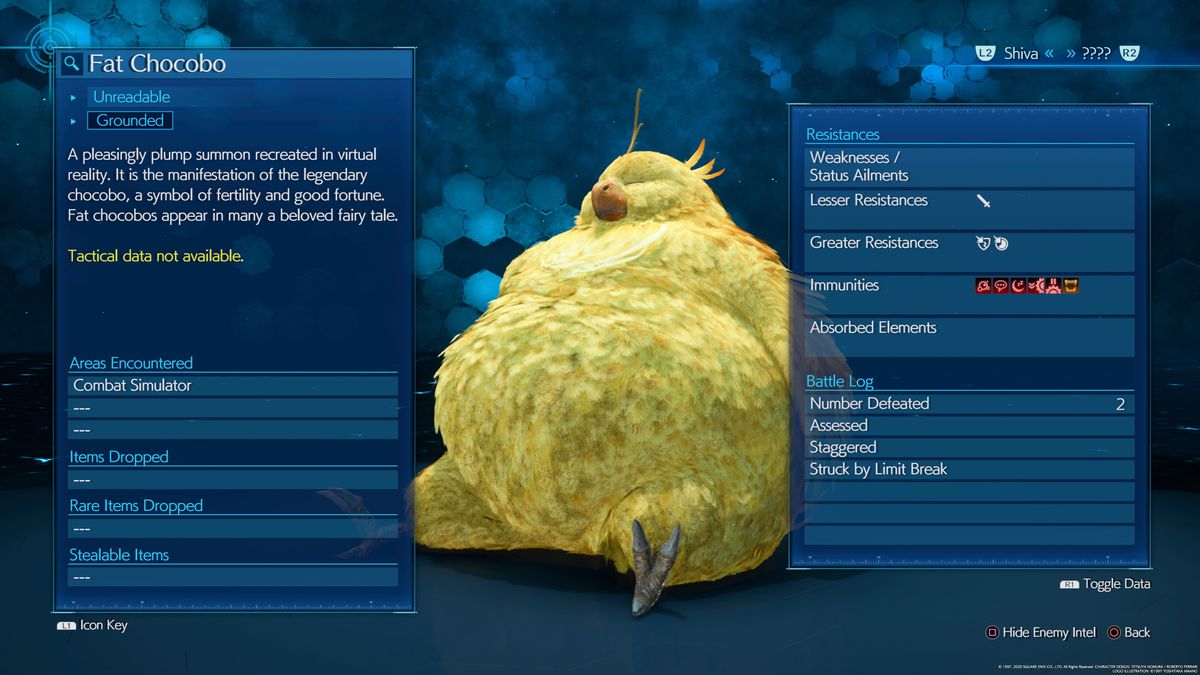 The enemy intel screen for the Fat Chocobo in the Final Fantasy 7 Remake