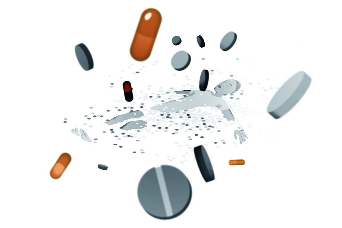 Illustration of person lying in a sea of pills