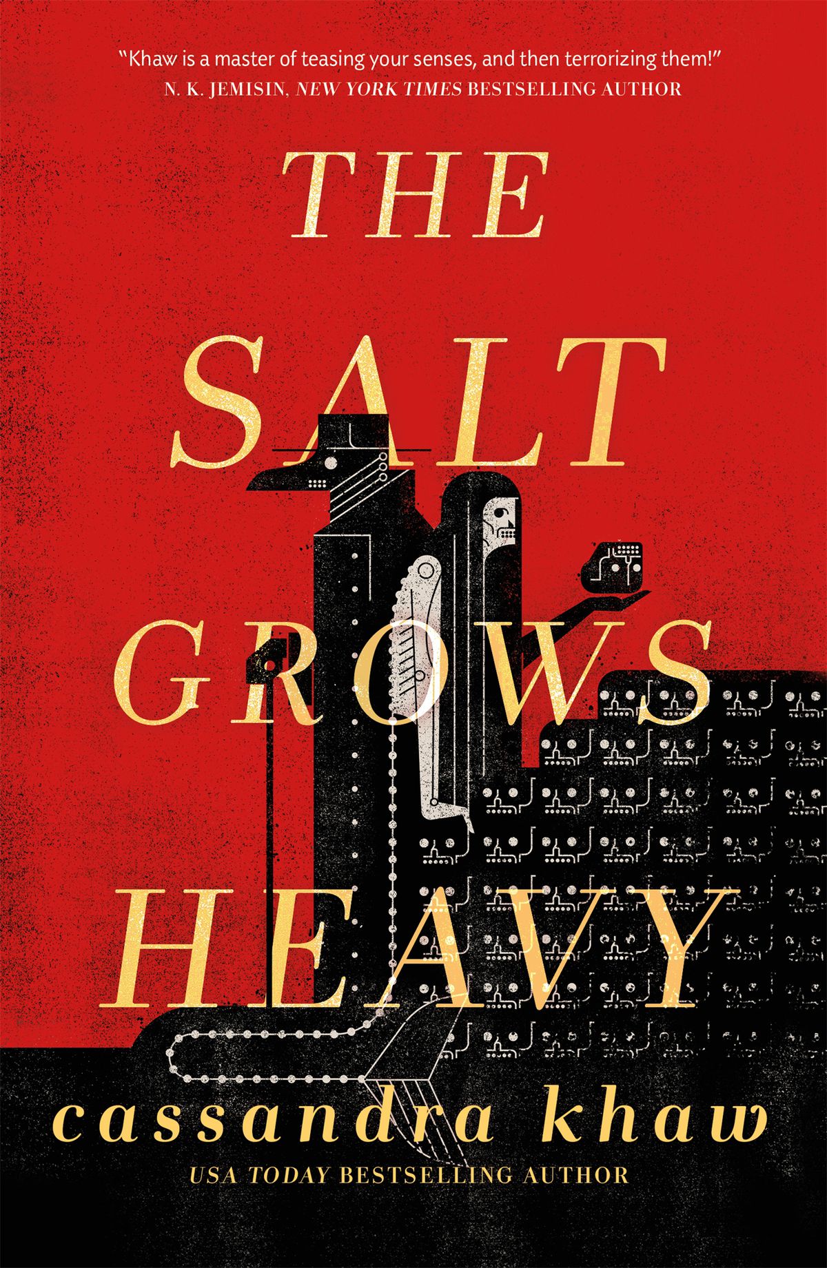 Cover image for Cassandra Khaw’s The Salt Grows Heavy. It is an image comprised of blocks set against a red background. A plague doctor looks to the left while a skeletal figure picks up what looks like a head from a pile of block heads.