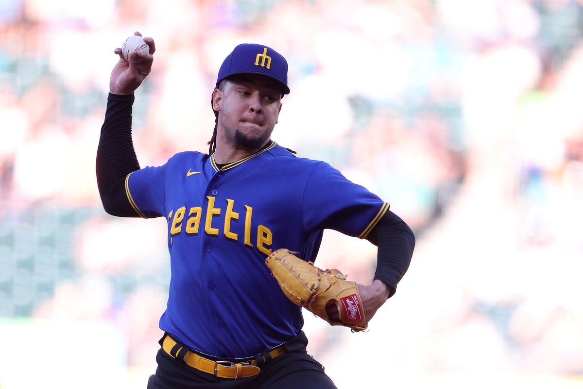Luis Castillo of the Seattle Mariners pitches against the Detroit Tigers during the first inning at T-Mobile Park on July 14, 2023 in Seattle, Washington.
