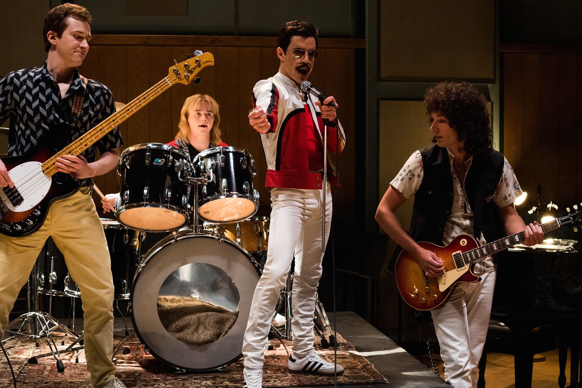 Rami Malek, Ben Hardy, Joe Mazzello, and Gwilym Lee as Queen in Bohemian Rhapsody.