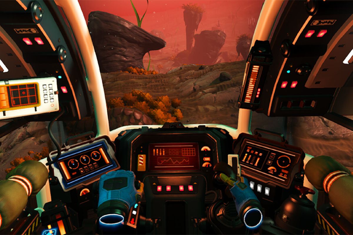 Piloting a ship in No Man’s Sky in VR, using floating hand controls