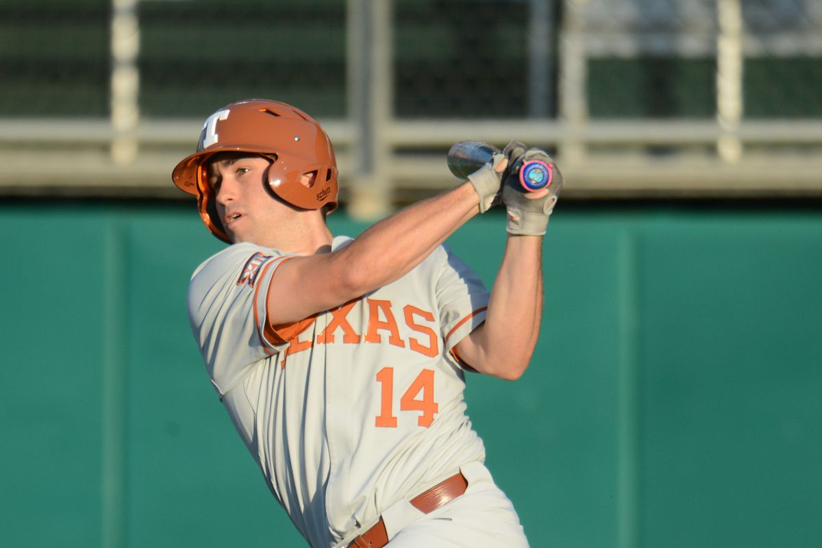 Texas Longhorns infielders Murphy Stehly takes a swing during game between the Texas Longhorns and the Texas State Bobcats on April 20, 2021 at Bobcat Ballpark in San Marcos, TX.