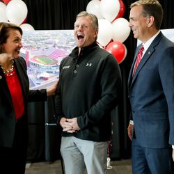 University of Utah President Ruth Watkins, head football coach Kyle Whittingham and Athletic Director Mark Harlan chat after a press conference about the upcoming expansion of Rice-Eccles Stadium at the stadium in Salt Lake City on Wednesday, Nov. 14, 2018.