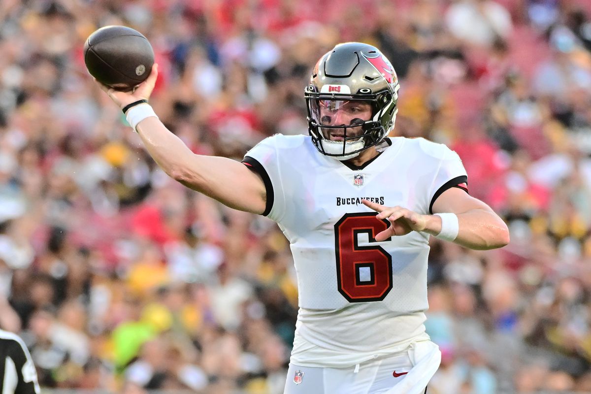 Baker Mayfield #6 of the Tampa Bay Buccaneers throws a pass in the first quarter against the Pittsburgh Steelers during a preseason game at Raymond James Stadium on August 11, 2023 in Tampa, Florida.