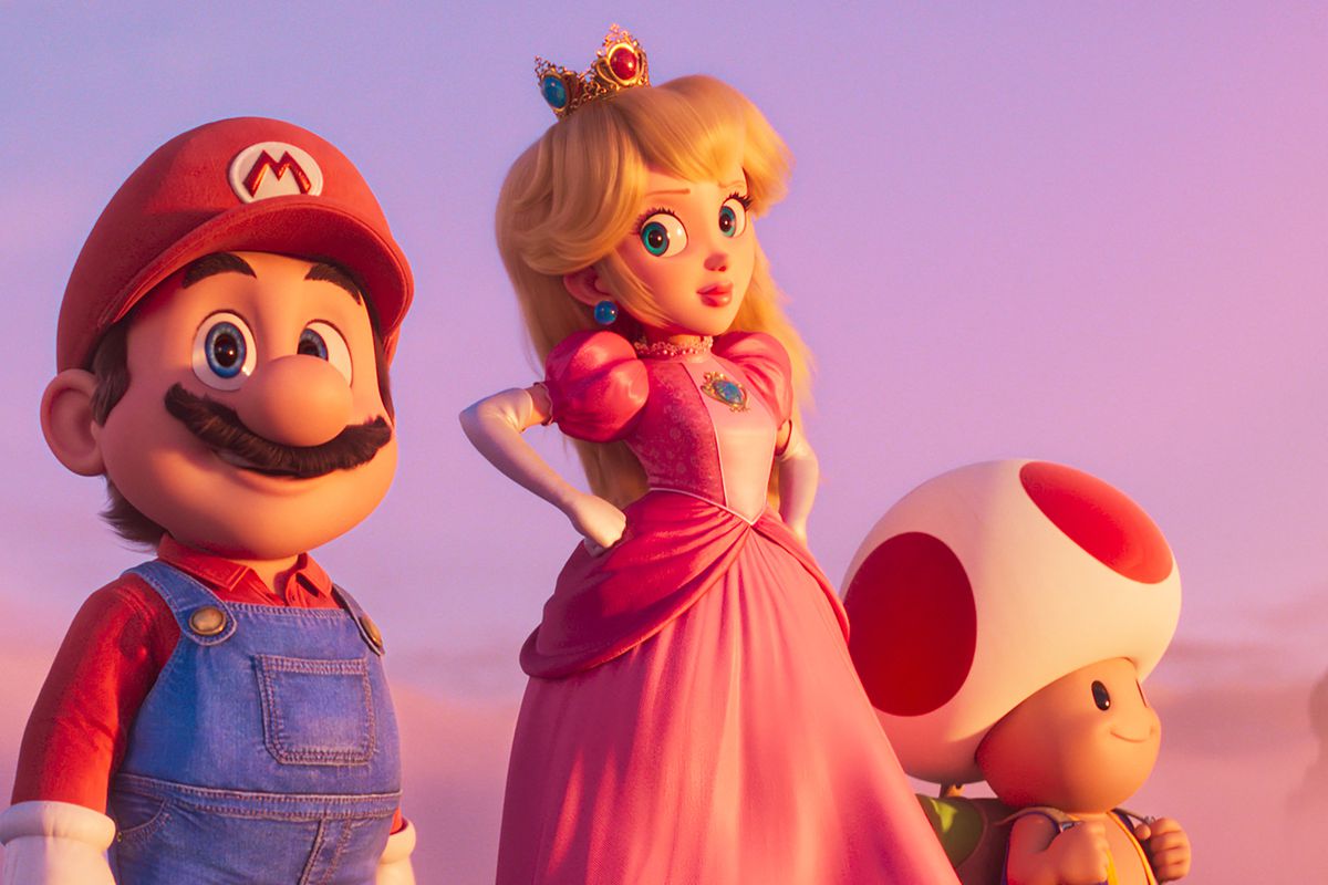 Mario (Chris Pratt), Peach (Anya Taylor-Joy), and Toad (Keegan Michael-Key) stand and look at the view in a still from The Super Mario Bros. Movie