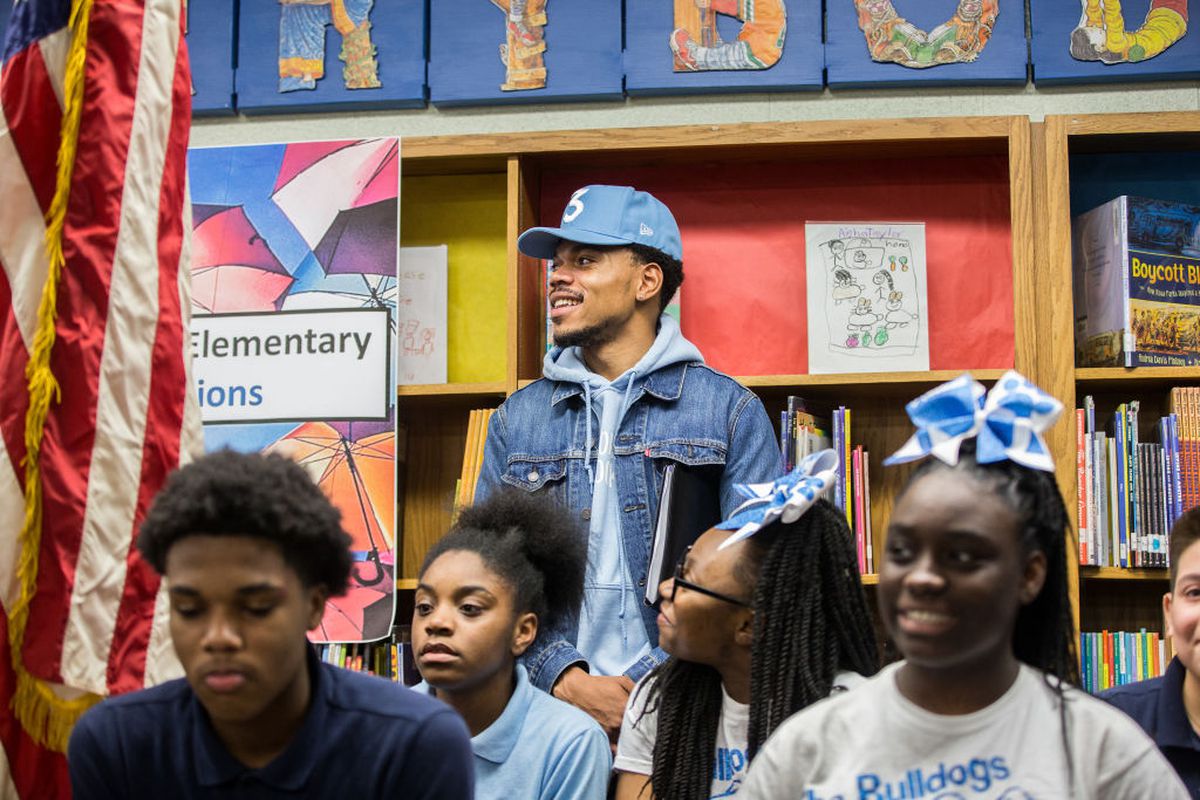 Chance the Rapper holds a press conference at Westcott Elementary School in Chicago's Chatham neighborhood on March 6, 2017. (Zbigniew Bzdak/Chicago Tribune/TNS via Getty Images)