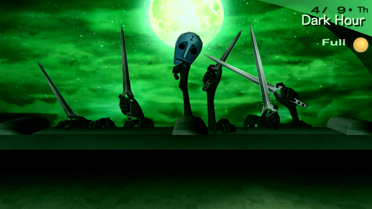 A greenish, nightmarish landscape signifies the arrival of Dark Hour in Persona 3 Portable