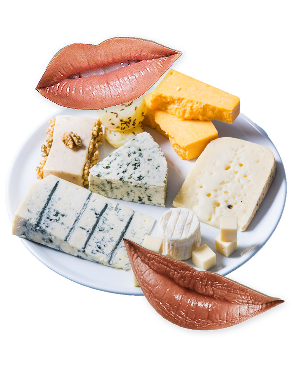 Photo collage of mouths and a cheese plate.