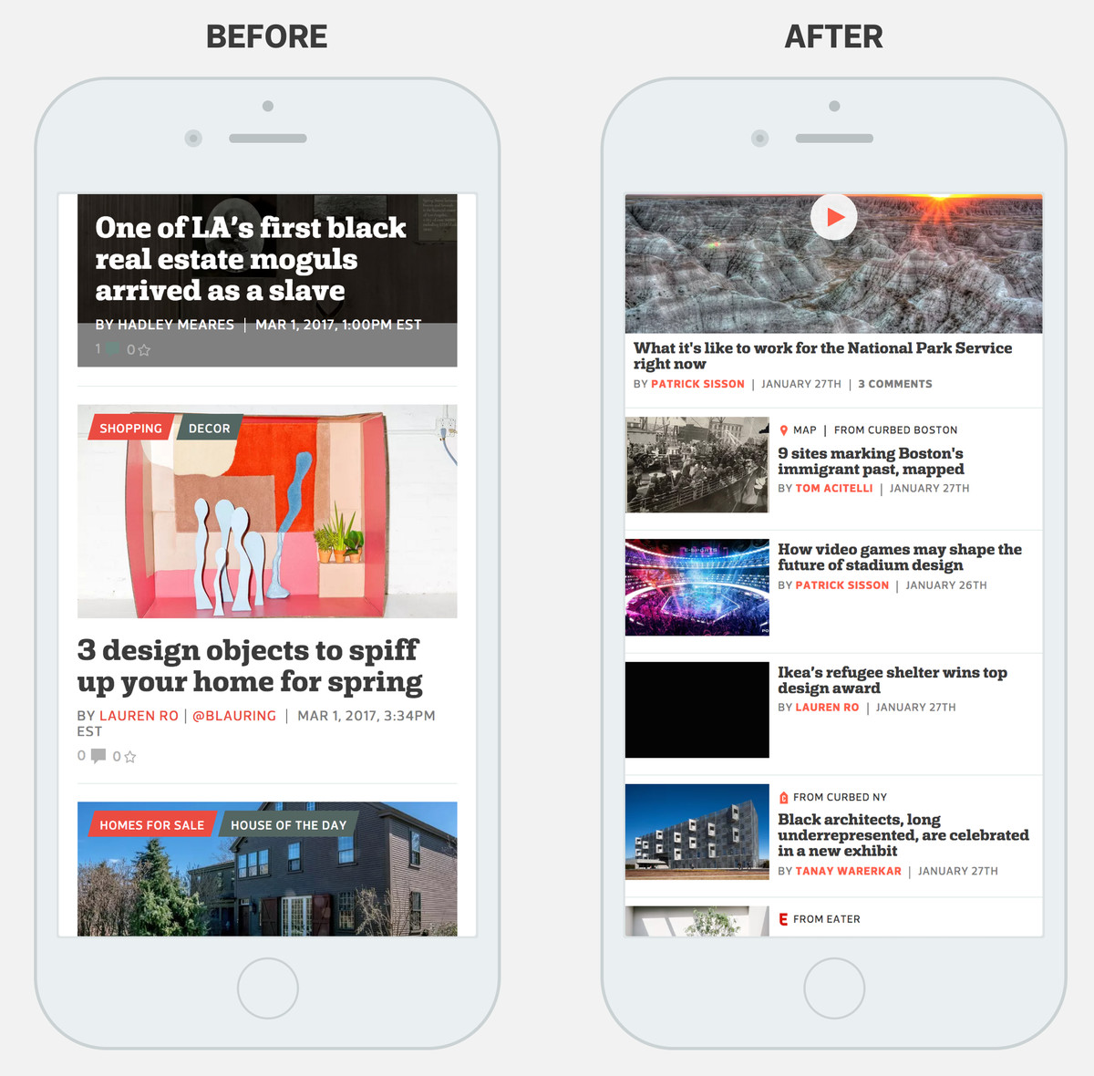 Two mobile devices showing Curbed’s homepage before the redesign and after the redesign. The first device shows unbolded byline links; the second device shows bolded links.