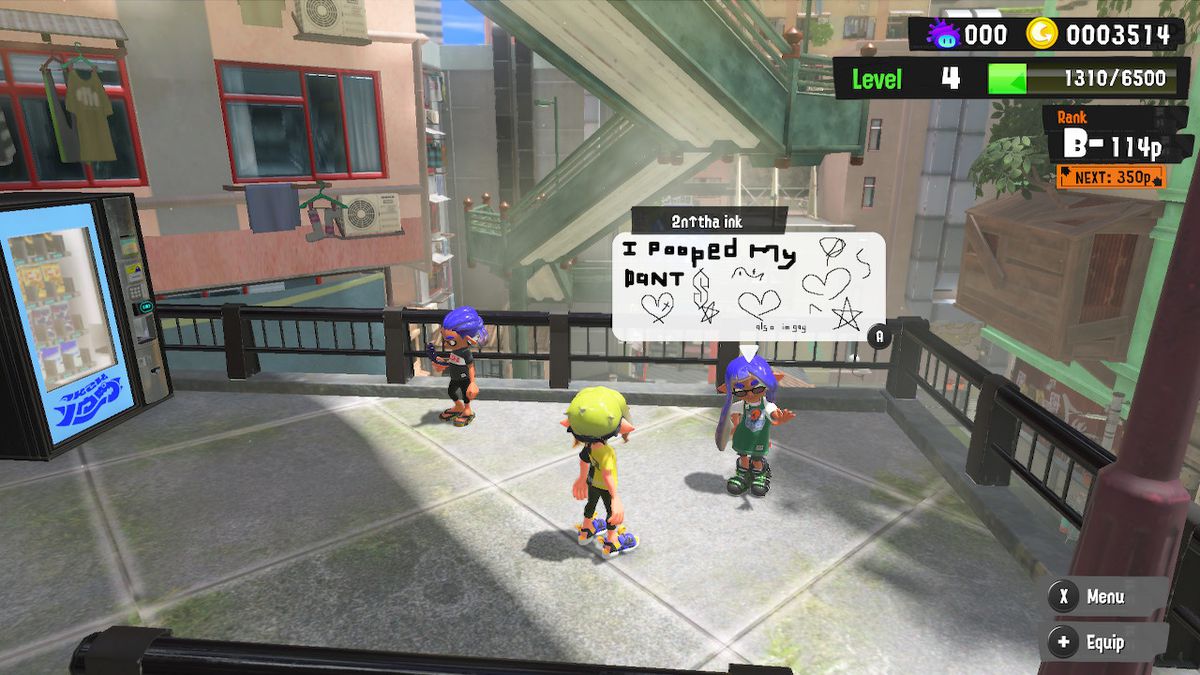 Another player’s avatar in the Splatoon 3 main area, Splatsville, displays that player’s post. The post reads, “I pooped my pant.” It is decorated with hearts, stars, and the Cool S.