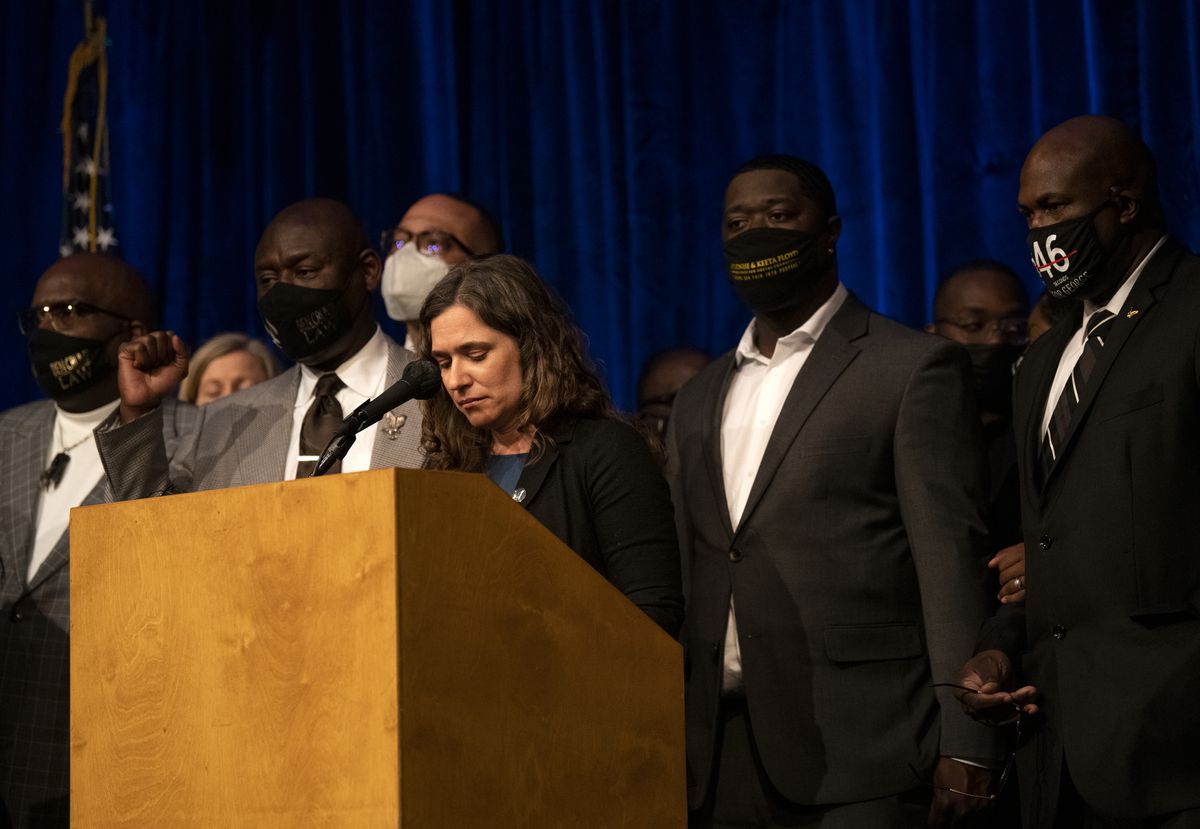 Minneapolis City Council President Lisa Bender at a news conference on March 12 about the city’s $27 million settlement with the family of George Floyd.