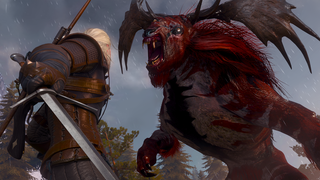 Geralt von Rivia Quadrate gegen ein minotaurisches Monster in The Witcher 3: Wild-Hunts-Upgrade der nächsten Generation auf PS5