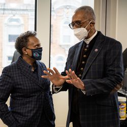 Chicago Mayor Lori Lightfoot speaks to U.S. Rep. Bobby Rush at the opening of the Chatham Education and Workforce Center in the Chatham neighborhood, Tuesday morning, Jan. 19, 2021. The building, which is 11,000 square feet, contains a Maker Lab and a community space where residents will have access to career counseling, job training and employer services. 
