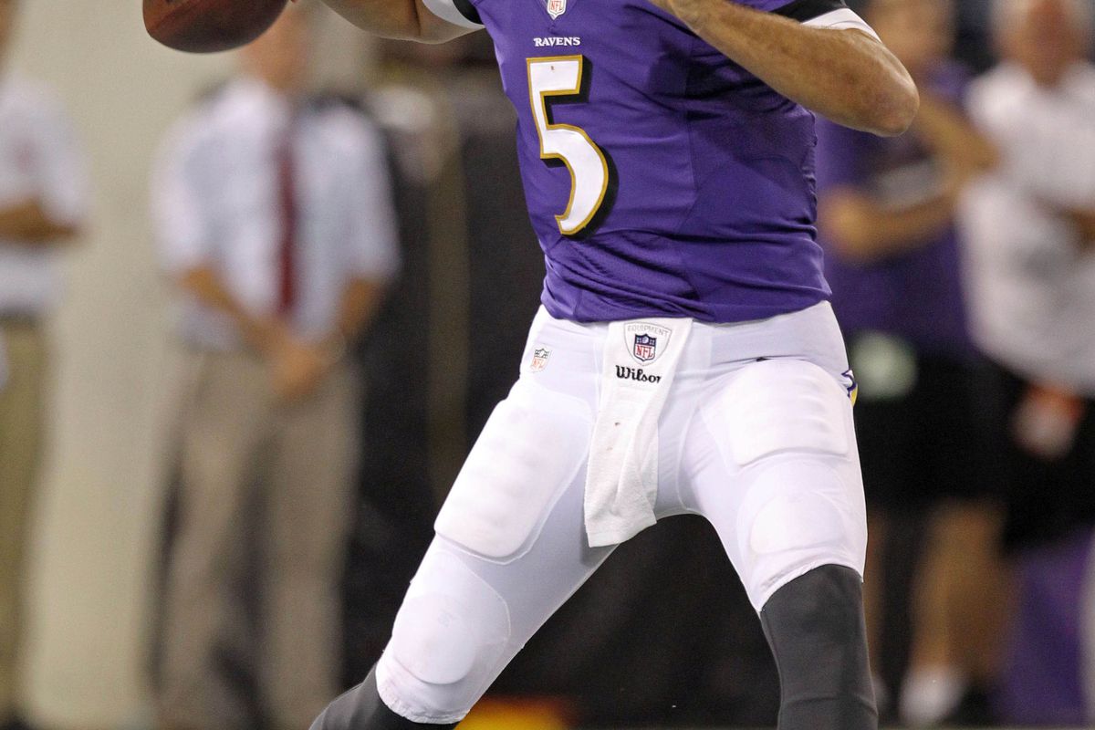 September 10, 2012; Baltimore, MD, USA; Baltimore Ravens quarterback Joe Flacco (5) in action against the Cincinnati Bengals at M&T Bank Stadium.