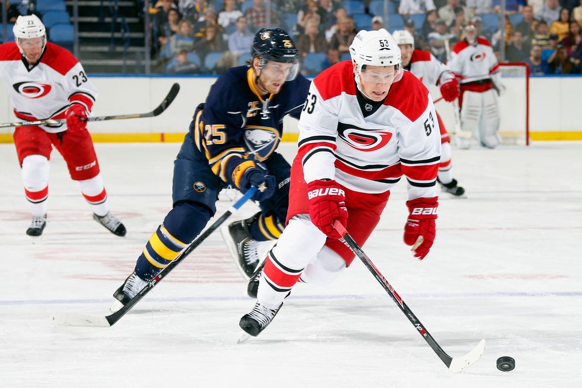 Jeff Skinner chases the puck in Buffalo on Thursday night.  The Sabres beat the Canes, 5-2.  