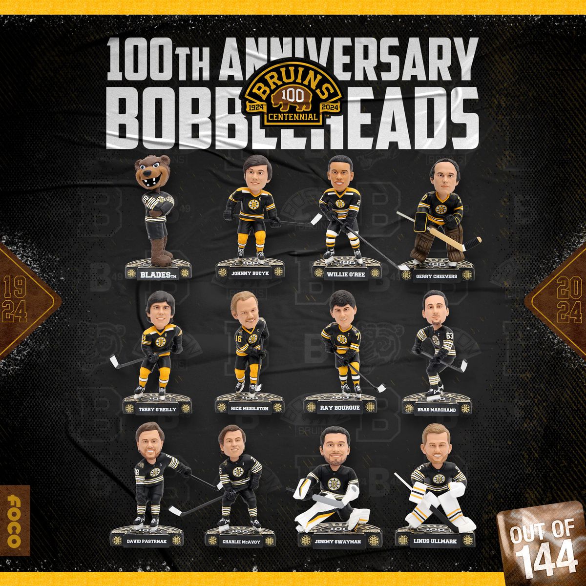 Graphic featuring 12 Boston Bruins bobblehead figurines, three rows of four. Each row features a Bruins player or mascot.