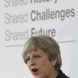 British Prime Minister Theresa May delivers her speech, in Florence, Italy, Friday Sept. 22, 2017. May will try Friday to revive foundering Brexit talks — and unify her fractious government — by proposing a two-year transition after Britain's departure from the European Union in 2019 during which the U.K. would continue to pay into the bloc's coffers.