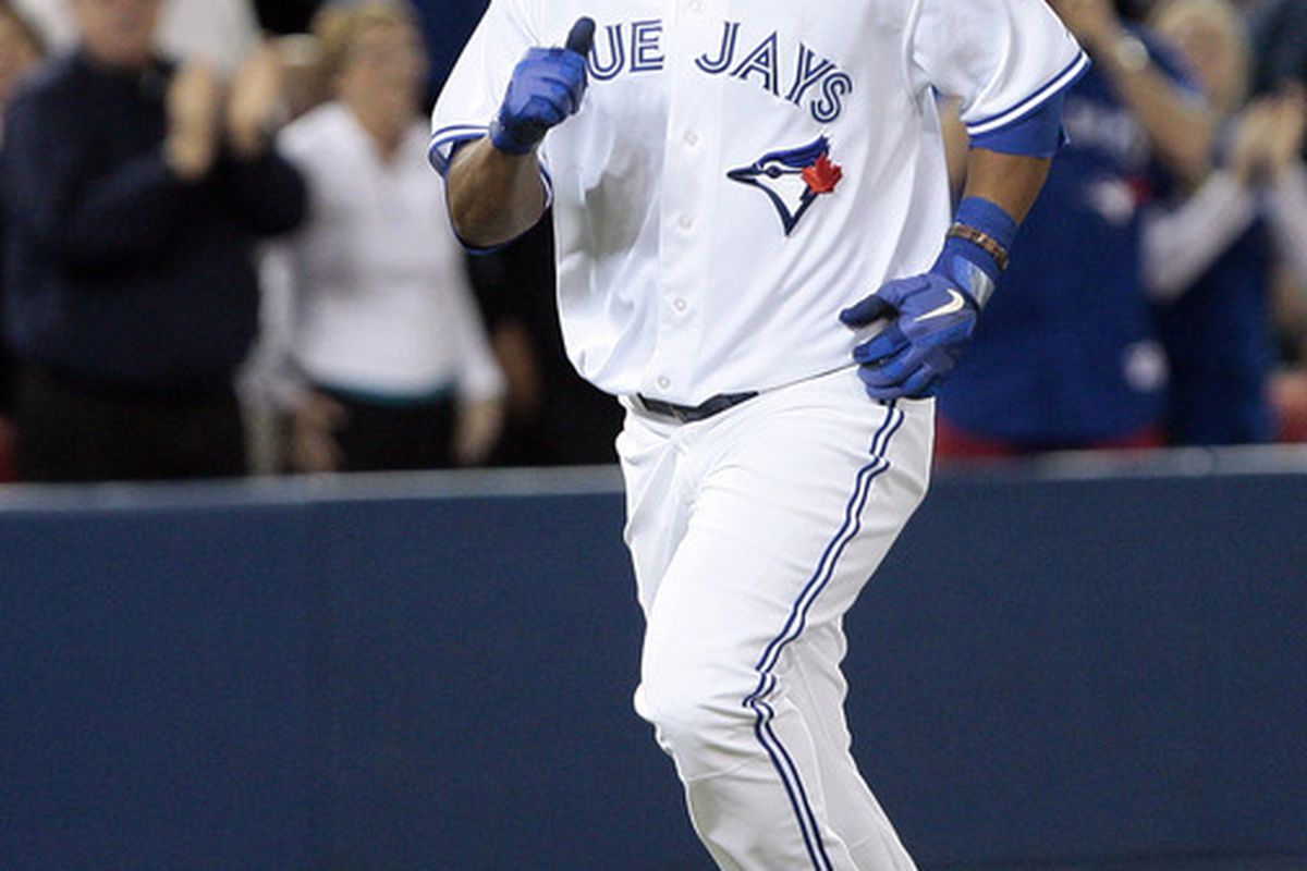 TORONTO, CANADA - APRIL 29: Edwin Encarnacion #10 of the Toronto Blue Jays runs the bases after a home run during MLB action at the Rogers Centre April 29, 2012 in Toronto, Ontario, Canada.  (Photo by Abelimages/Getty Images)