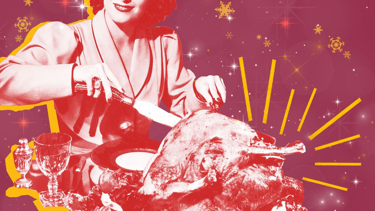Retro image of a woman cutting into a turkey.