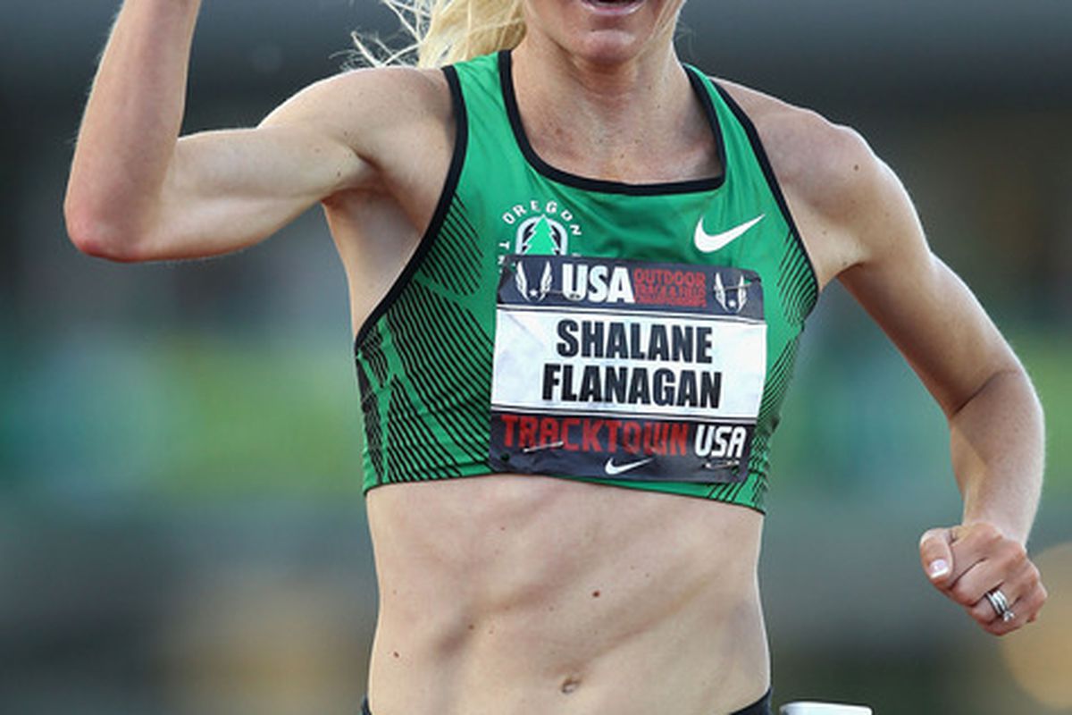 EUGENE, OR - JUNE 23:  Shalane Flanagan reacts after winning the Women's 10,000 meter run on day one of the USA Outdoor Track & Field Championships at the Hayward Field on June 23, 2011 in Eugene, Oregon.  (Photo by Christian Petersen/Getty Images)