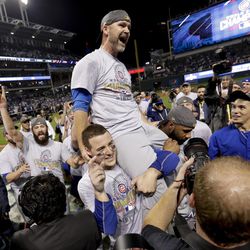 Chicago Cubs catcher David Ross after Game 7 of the Major League Baseball World Series against the Cleveland Indians Thursday, Nov. 3, 2016, in Cleveland. The Cubs won 8-7 in 10 innings to win the series 4-3. 