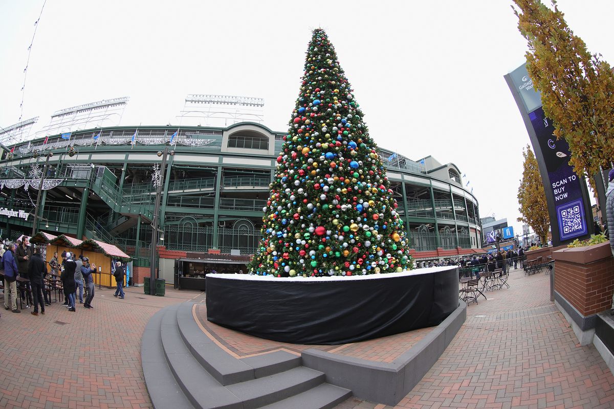 A Christmas tree is seen in the plaza outside of Wrigley Field before the Northwestern Wildcats take on the Purdue Boilermakers on November 20, 2021 in Chicago, Illinois.