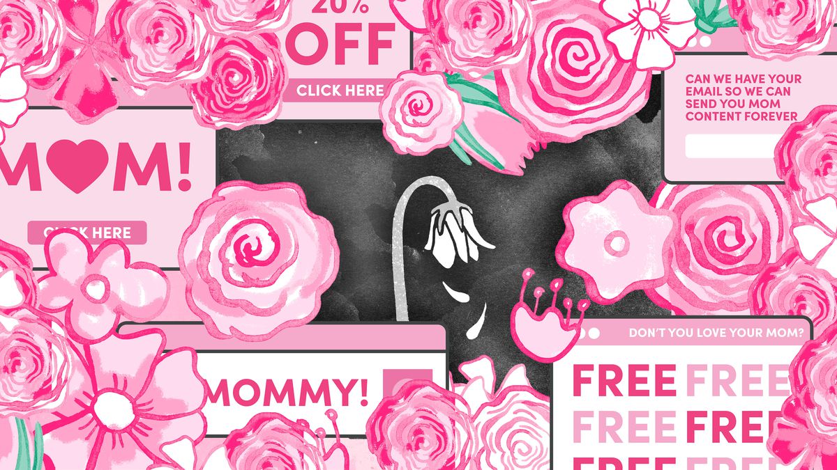 An illustration depicting a dead flower at the center of a jumble of Mother’s Day ads.