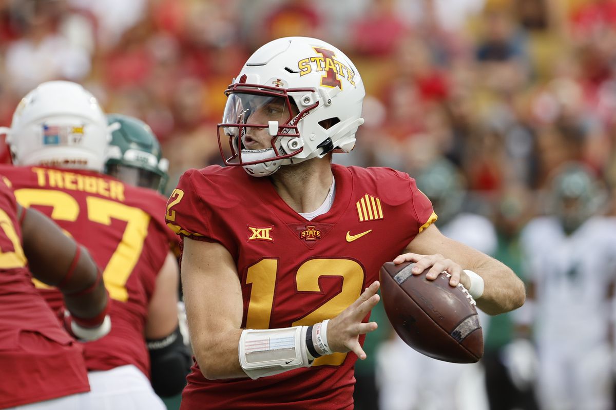 Quarterback Hunter Dekkers #12 of the Iowa State Cyclones throws the ball in the second half of play at Jack Trice Stadium on September 24, 2022 in Ames, Iowa. The Baylor Bears won 31-24 over the Iowa State Cyclones.