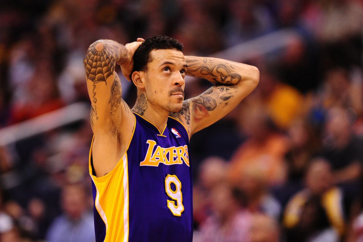 Apr. 7, 2012; Phoenix, AZ, USA; Los Angeles Lakers forward Matt Barnes reacts in the fourth quarter against the Phoenix Suns at the US Airways Center. The Suns defeated the Lakers 125-105.  Mandatory Credit: Mark J. Rebilas-US PRESSWIRE