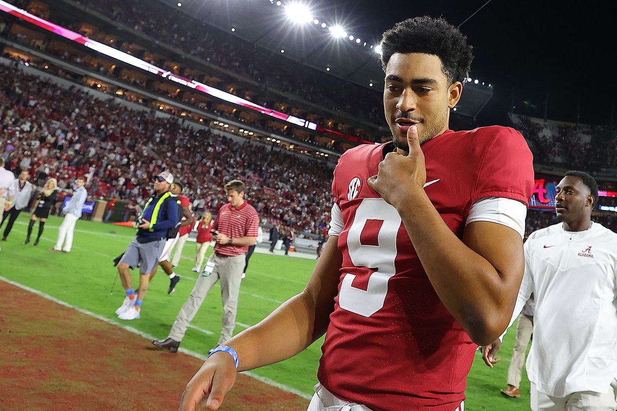 Bryce Young of the Alabama Crimson Tide reacts after their 24-20 win over the Texas A&amp;M Aggies at Bryant-Denny Stadium on October 08, 2022 in Tuscaloosa, Alabama.