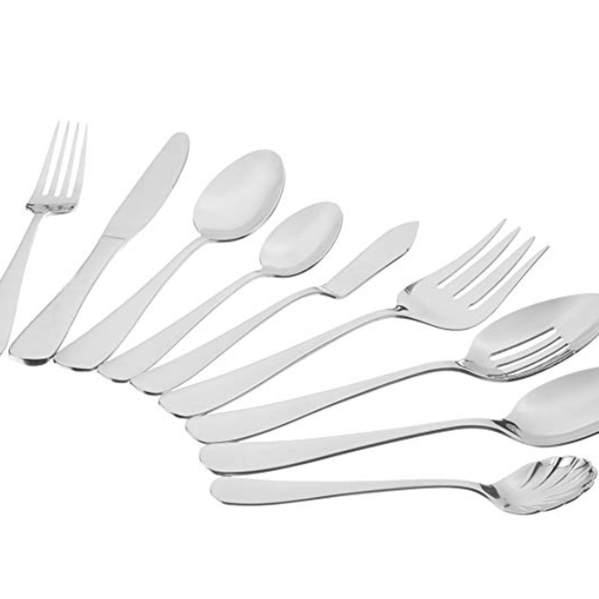 A spread of silver silverware includes forks, spoons, and serving ware. 