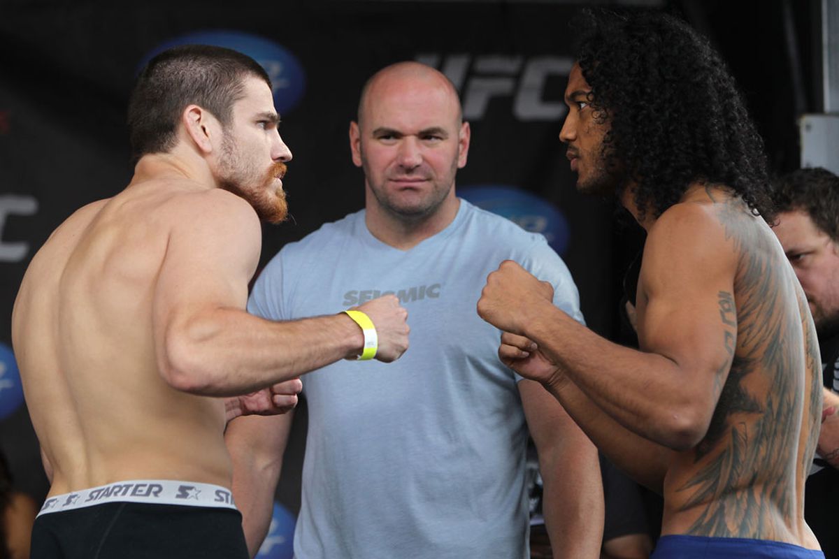 Jim Miller and Benson Henderson square off on August 14th live at the Bradley Center in Milwaukee, Wisconsin at UFC Live 5. (Photo by Josh Hedges/Zuffa LLC/Zuffa LLC via Getty Images)
