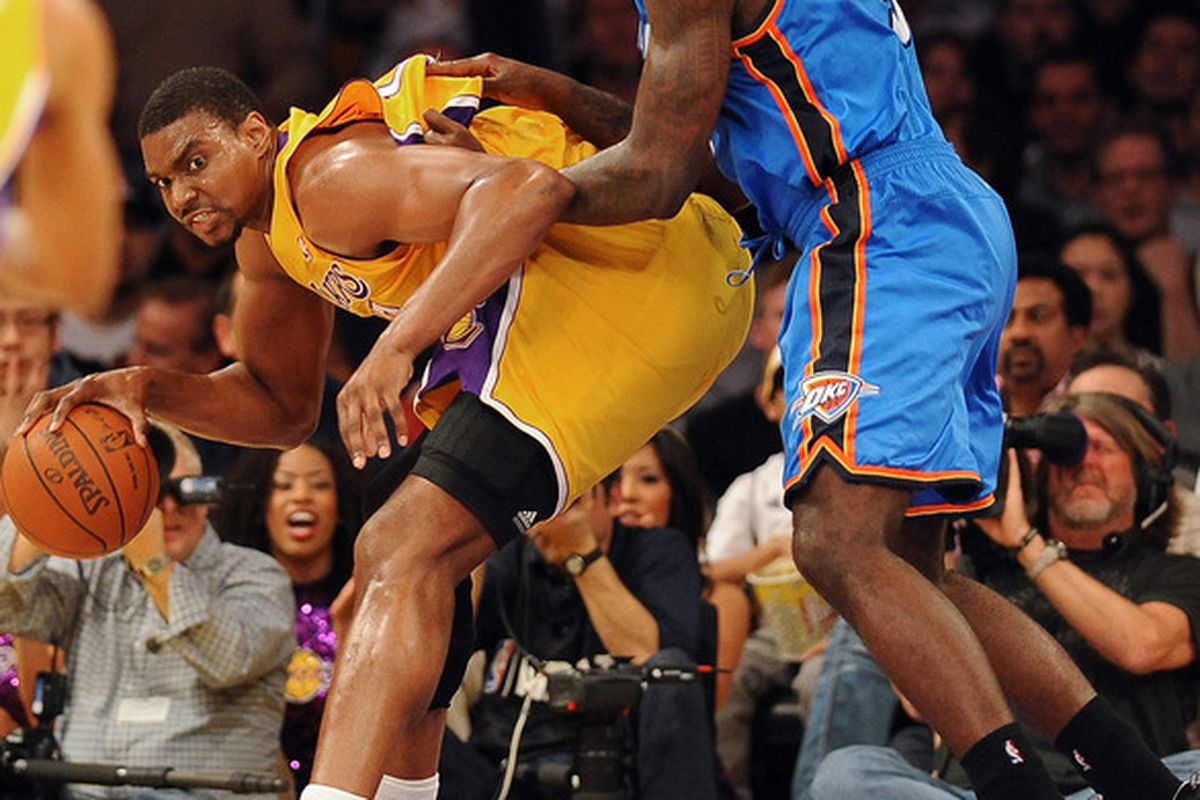March 29, 2012; Los Angeles, CA, USA; Oklahoma City Thunder center Kendrick Perkins (5) guards Los Angeles Lakers center Andrew Bynum (17) in the first quarter at the Staples Center. Mandatory Credit: Jayne Kamin-Oncea-US PRESSWIRE