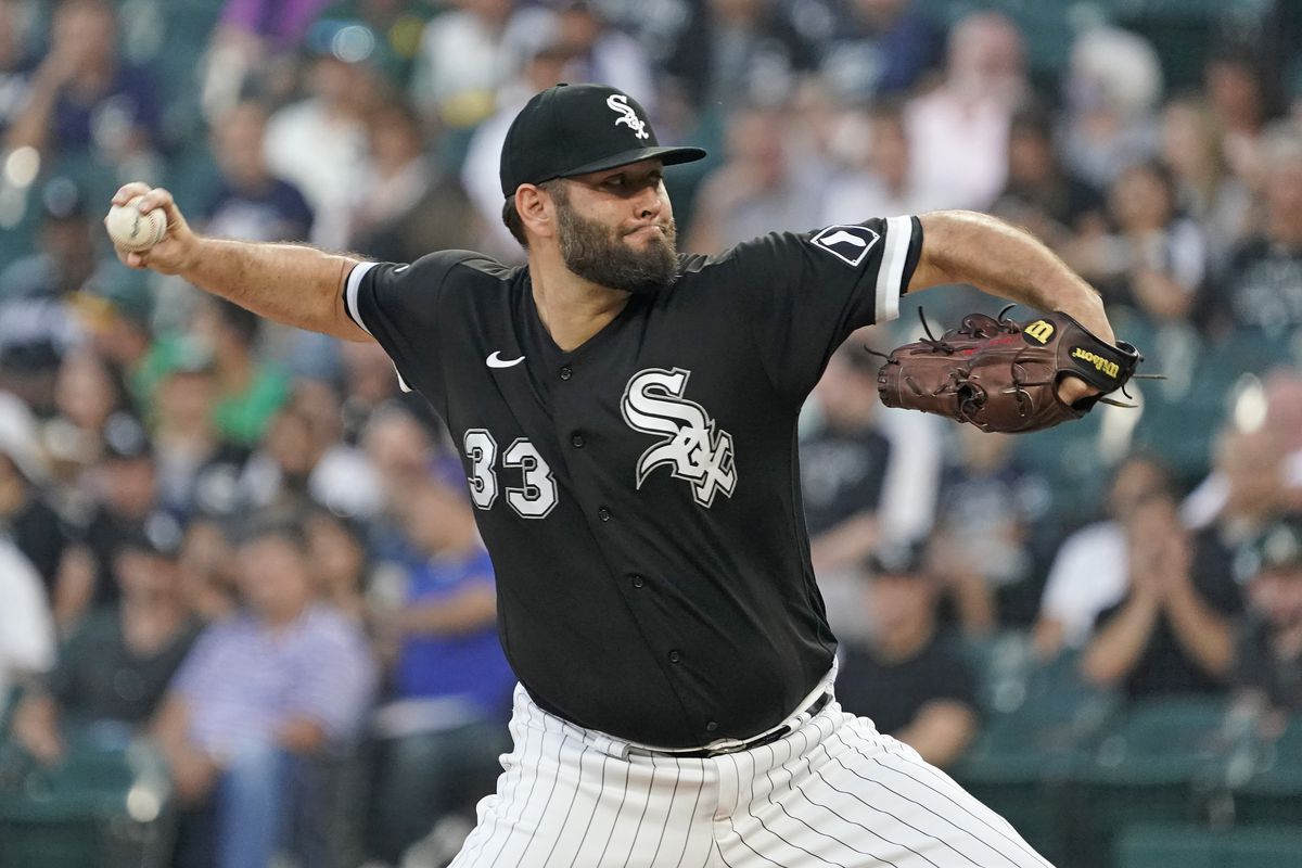 Lance Lynn #33 of the Chicago White Sox pitches against the Oakland Athletics during the first inning at Guaranteed Rate Field on August 18, 2021 in Chicago, Illinois.