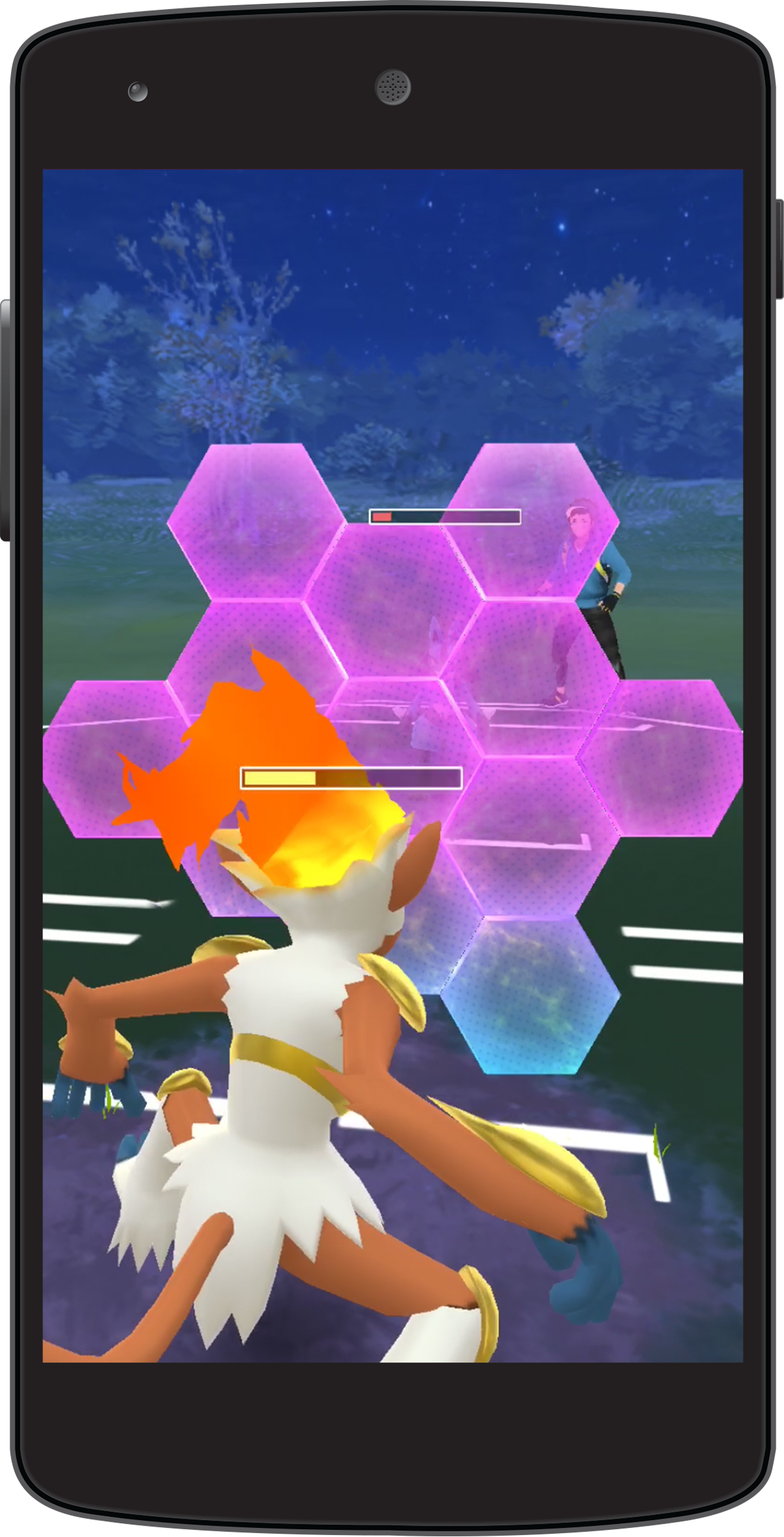 A trainer battle in Pokémon Go