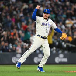 Seattle Mariners starting pitcher Luis Castillo (58) celebrates after the final out of the seventh inning against the Colorado Rockies at T-Mobile Park