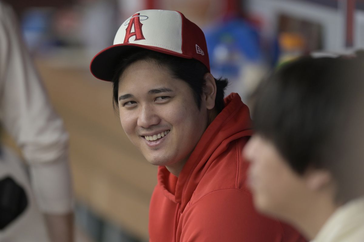Shohei Ohtani of the Los Angeles Angels in the dugout while playing the Detroit Tigers at Angel Stadium of Anaheim on September 17, 2023 in Anaheim, California.