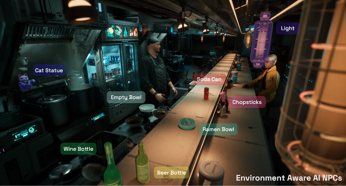 A screenshot of Nvidia and Convai-powered AI NPCs, with interactive objects like chopsticks, soda can, and empty bowls highlighted