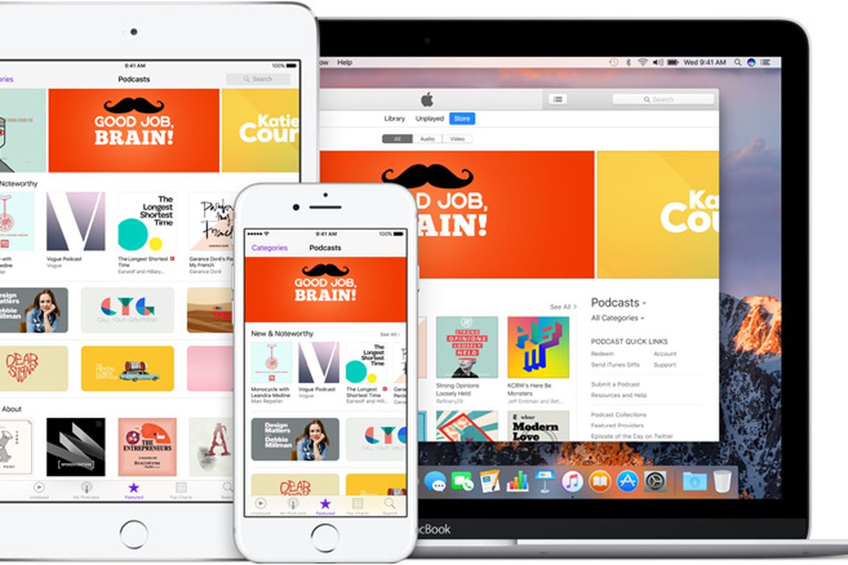 desktop, tablet and mobile phone screens showing Apple Podcast’s page