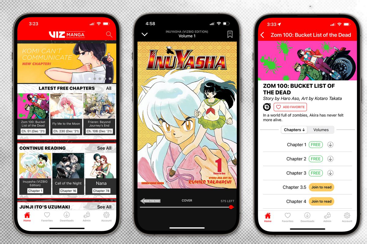 A graphic containing a visual of three phones. Each phone is running the Viz Manga app. It has different manga on each. You can see Inuyasha very clearly on one of the phones.