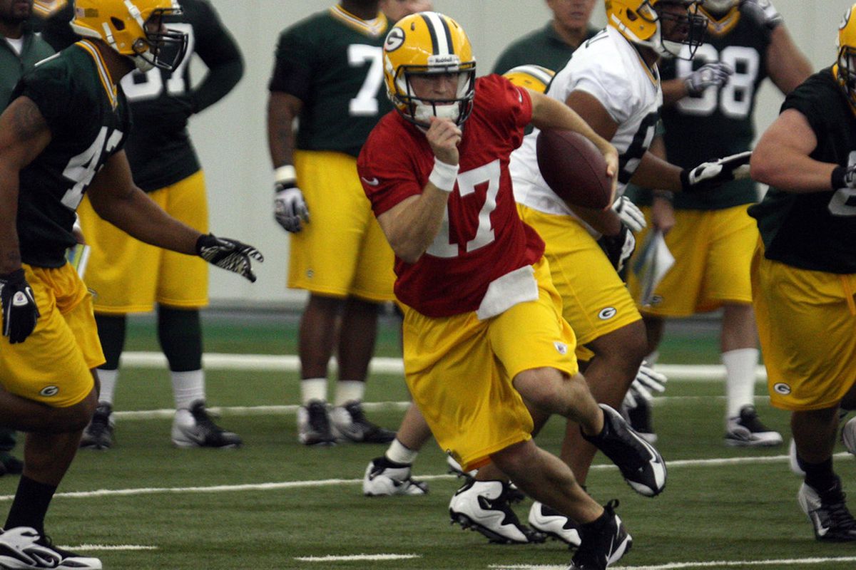 May 11, 2012; Green Bay, WI, USA; Green Bay Packers rookie quarterback Nick Hill (17) runs the ball during the Green Bay Packers mini-camp at the Don Hutson Center. Mandatory Credit: Mary Langenfeld-US PRESSWIRE