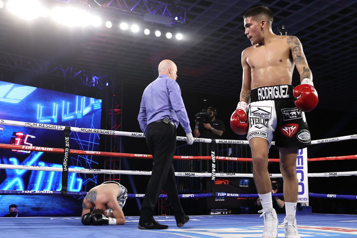 Jesse Rodriguez reacts after knocking down Saul Juarez during their fight at the MGM Grand Conference Center on December 12, 2020 in Las Vegas, Nevada.
