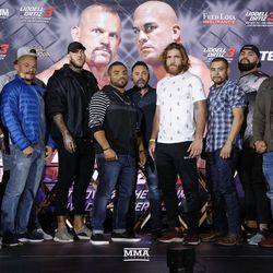 The undercard fighters pose at the final Liddell vs. Ortiz 3 press conference in Inglewood, Calif.