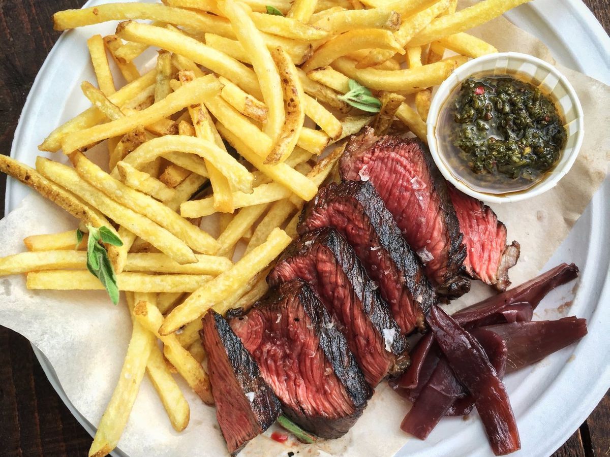 Bavette steak, chips and chimichurri at Up in My Grill at Model Market by Street Feast, one of the best places to eat in Lewisham