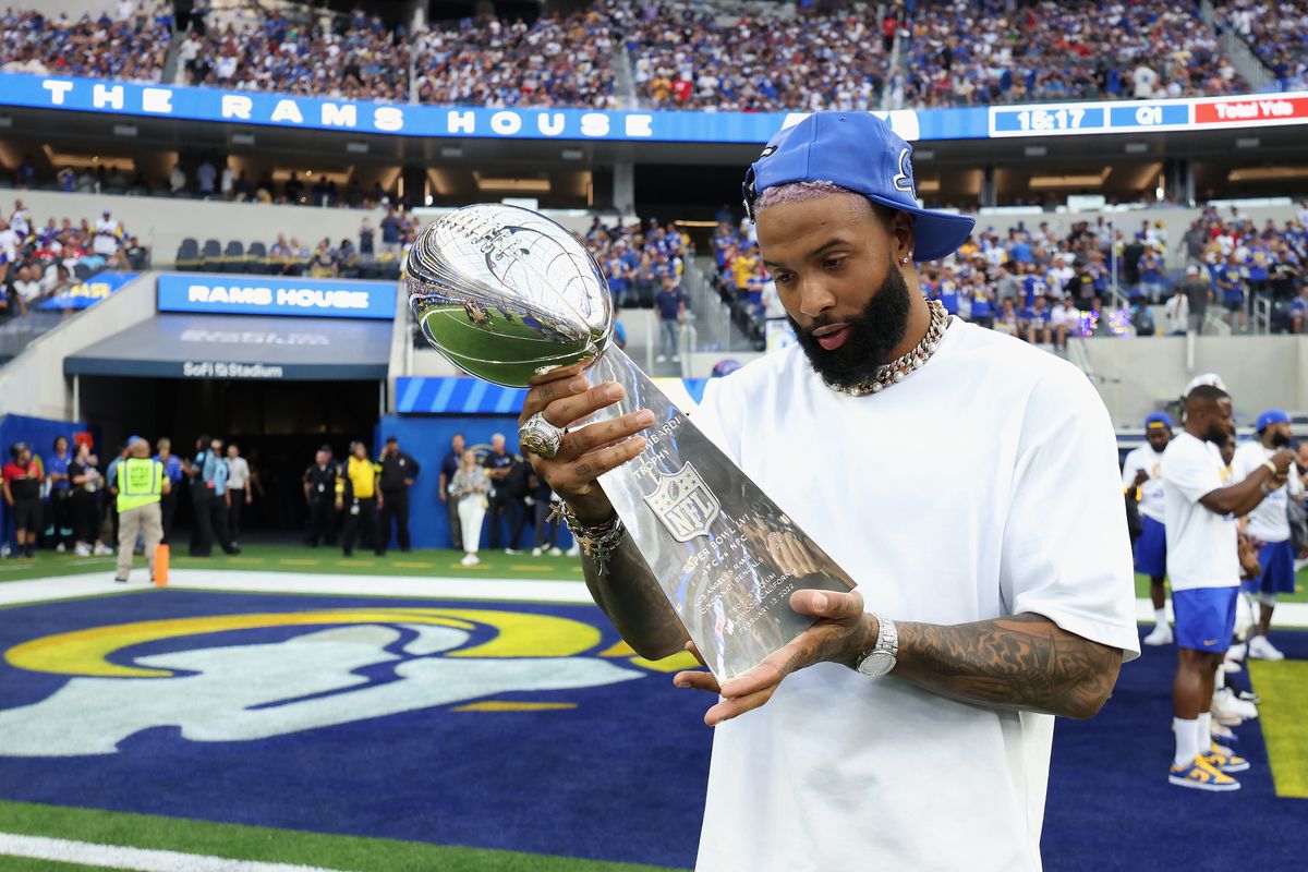 Odell Beckham Jr. holds the Super Bowl LVI trophy before the NFL game between the Los Angeles Rams and the Buffalo Bills at SoFi Stadium on September 08, 2022 in Inglewood, California.