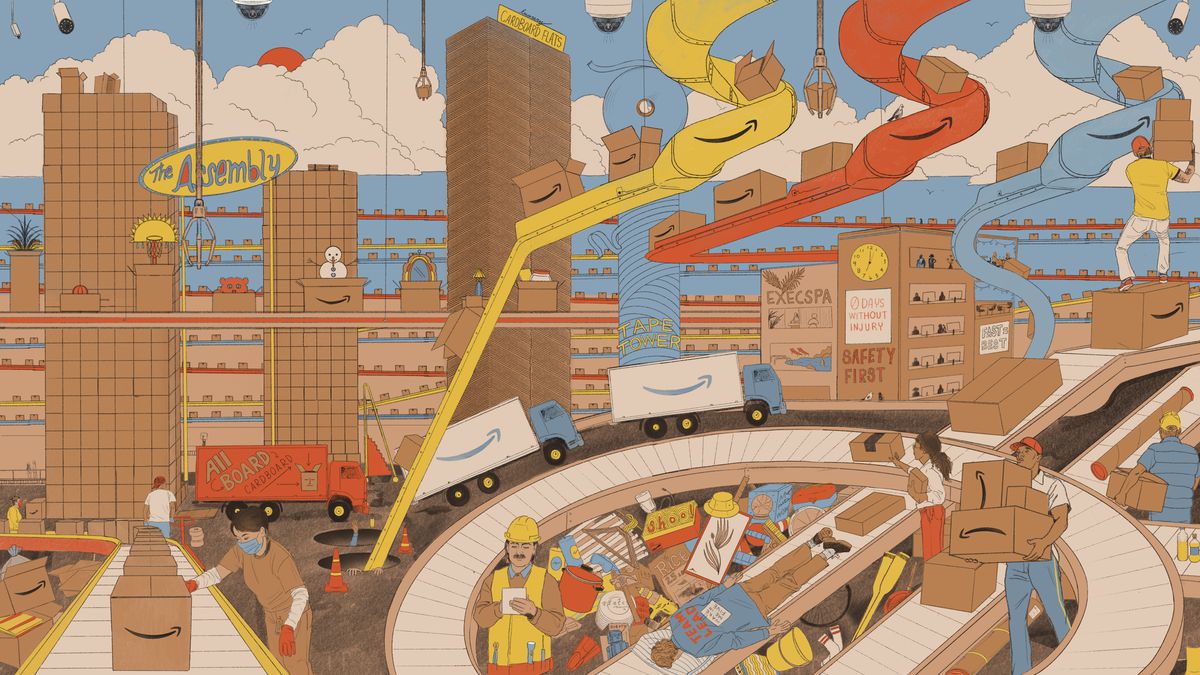 A drawing of a city with buildings made of Amazon boxes is in the background, while in the foreground Amazon workers toil around conveyor belts. One person is asleep on one of the conveyors with a sign taped to their back which reads, ‘wake me in five.’