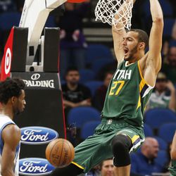 Utah Jazz\'s Rudy Gobert of France celebrates his dunk in the second half of an NBA basketball game against the Minnesota Timberwolves Monday, Nov. 28, 2016, in Minneapolis. The Jazz won 112-103. Gobert had 17 rebounds. (AP Photo/Jim Mone)
