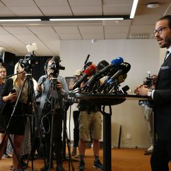 CAPTION CORRECTS SPELLING OF COUNSELOR'S SURNAME Counselor Slobodan Jovicic comments at a press conference on the case of US rapper A$AP Rocky, real name Rakim Mayers, in Stockholm, Sweden, Thursday,  July 25, 2019. A Swedish prosecutor on Thursday charged rapper A$AP Rocky, with assault over a fight in Stockholm last month, in a case that's drawn the attention of fellow recording artists as well as U.S. President Donald Trump. (Fredrik Persson/TT News Agency via AP)