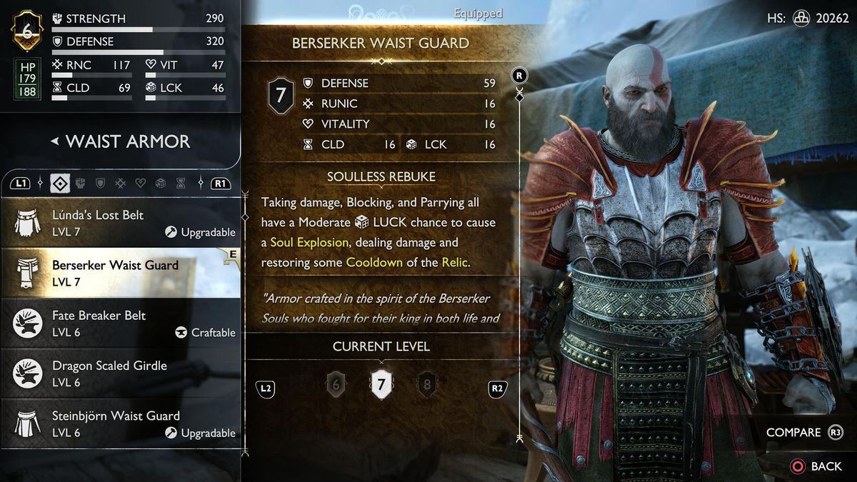 Kratos wears the Berserker waist guard while standing in the armor menu for God of War Ragnarok.